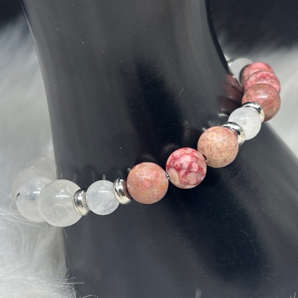 Hand Crafted Jewelry - Red Coral Fossil and Rainbow Moonstone Stretch Bracelet